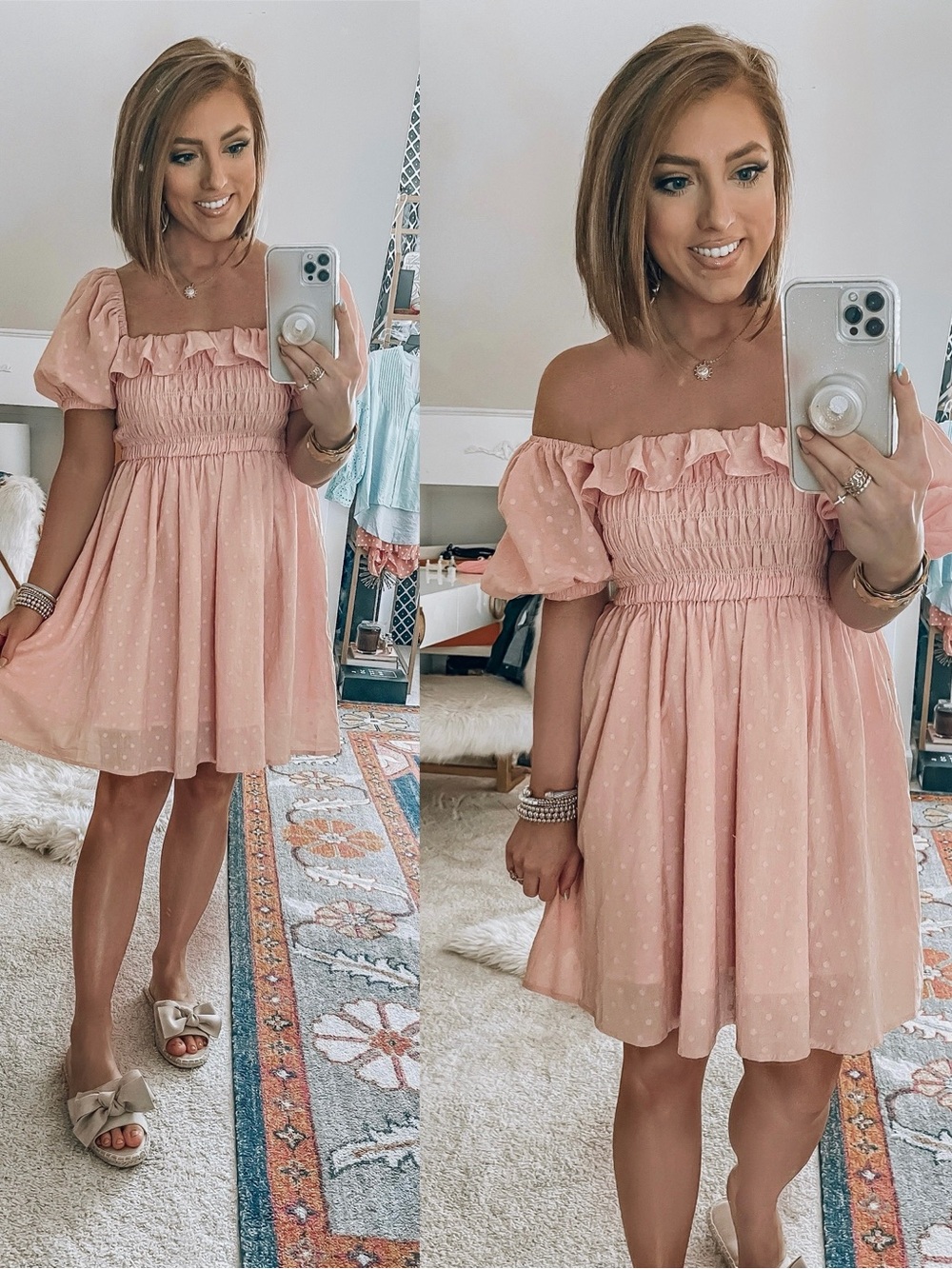 Blush Pink Ruffle Smocked Off-Shoulder Dress